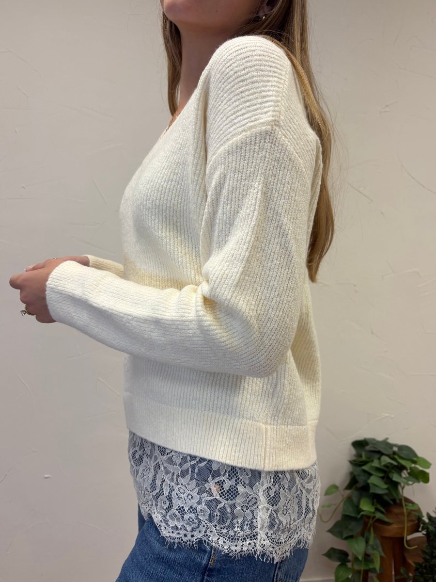 LACE TRIM BRUSHED SWEATER TOP - Three:Twelve Boutique - in february