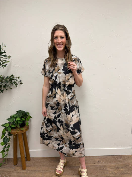Leaf Print Wide Shoulder Dress - Three:Twelve Boutique - fun2fun