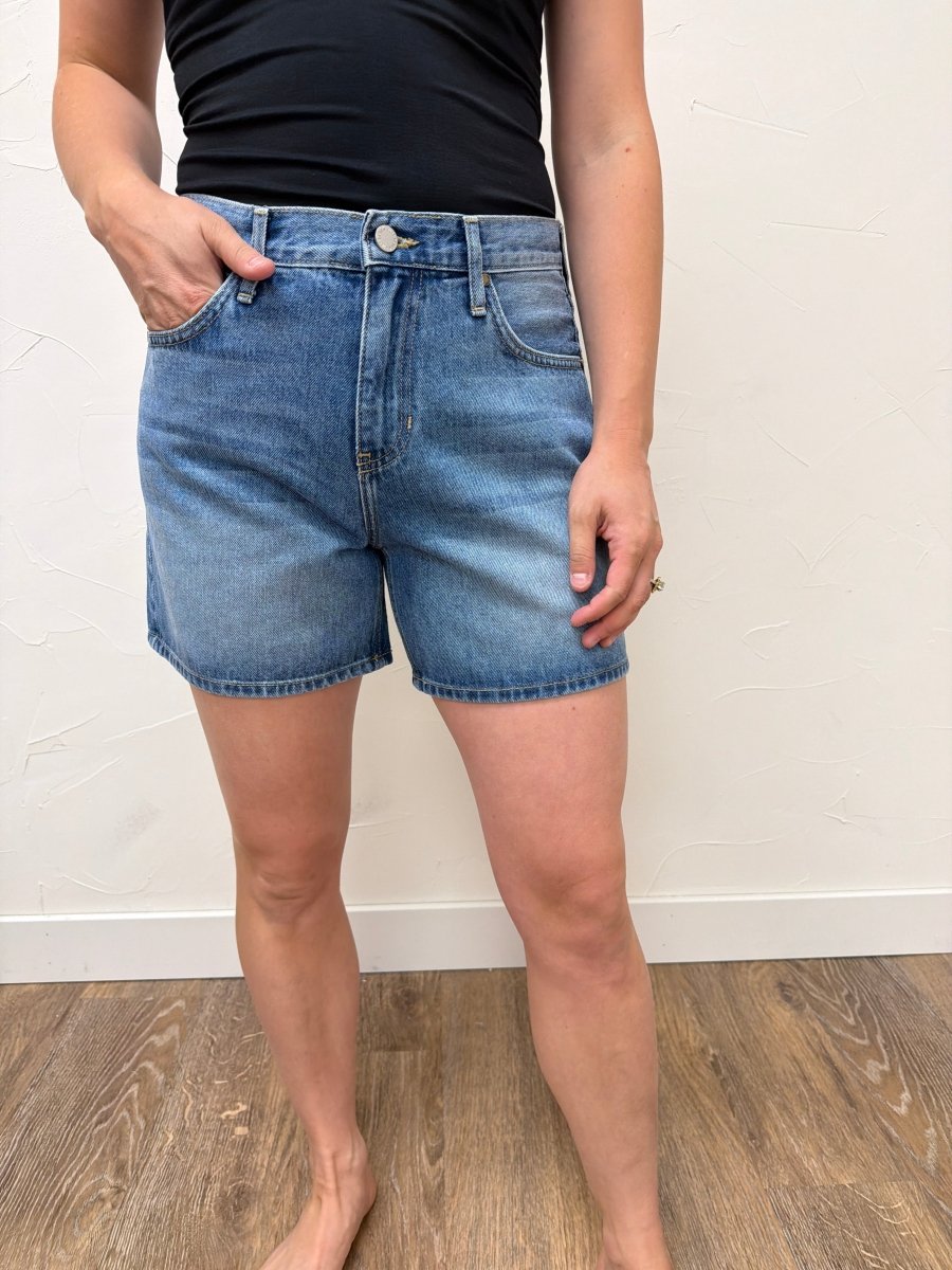 Front view of model wearing Lightweight Just Black Denim Shorts — Three:Twelve Boutique