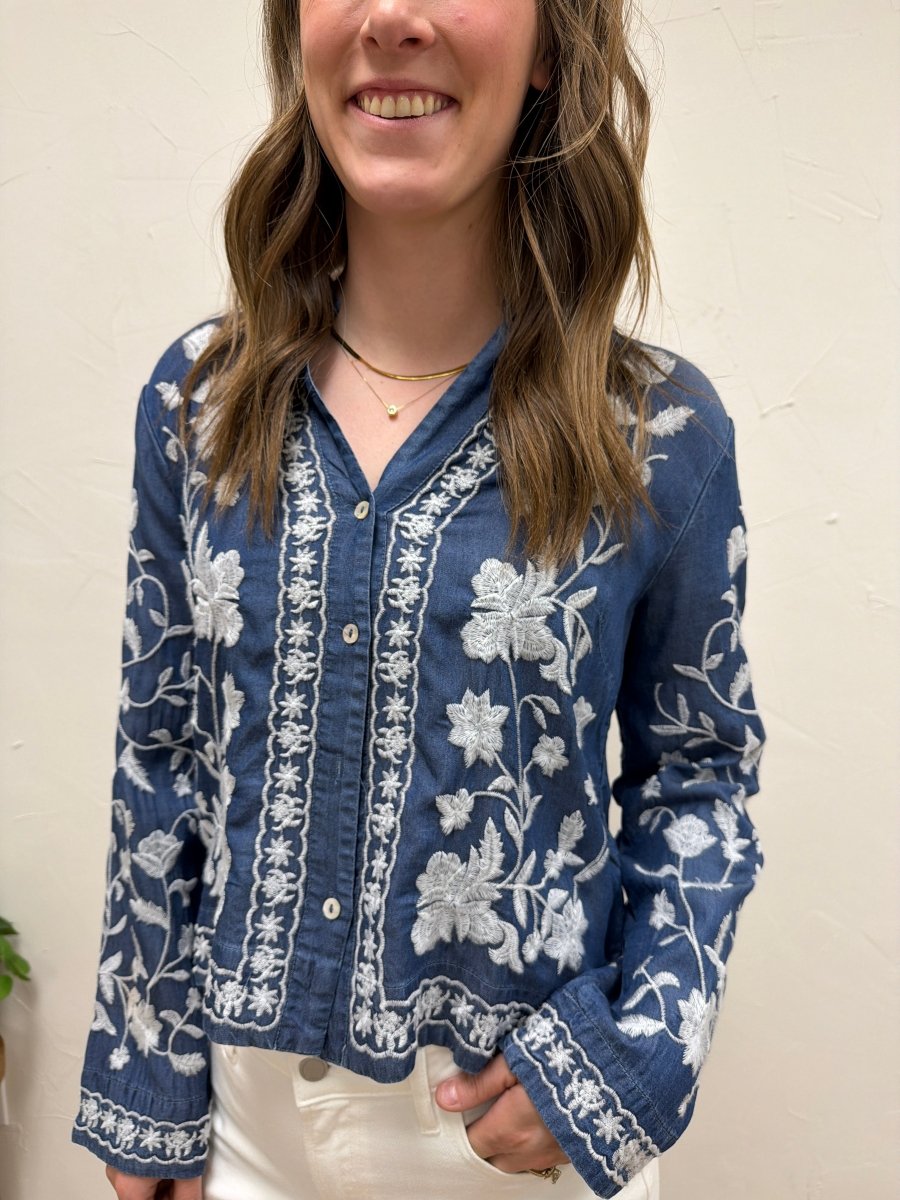Long Sleeve Embroidered Denim Button Down Top - Three:Twelve Boutique - en Creme