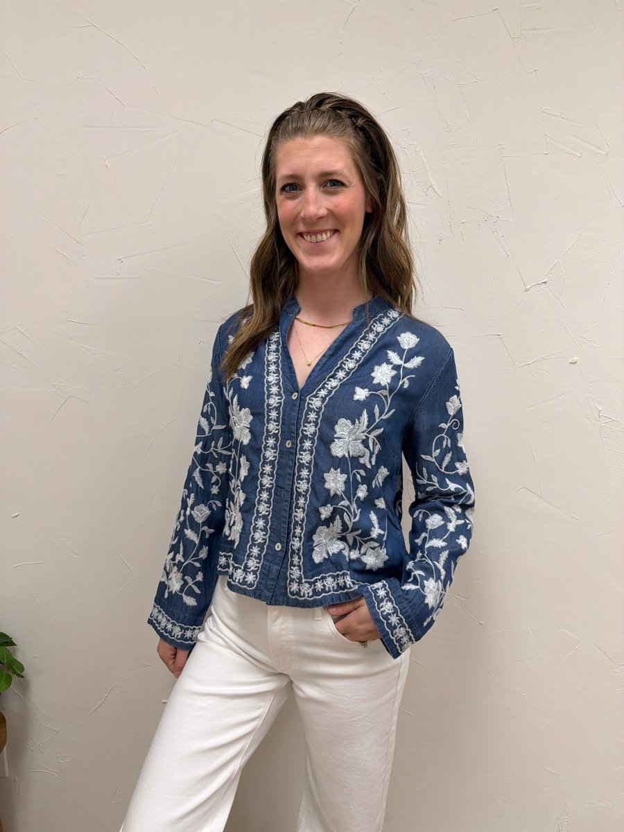 Long Sleeve Embroidered Denim Button Down Top - Three:Twelve Boutique - en Creme