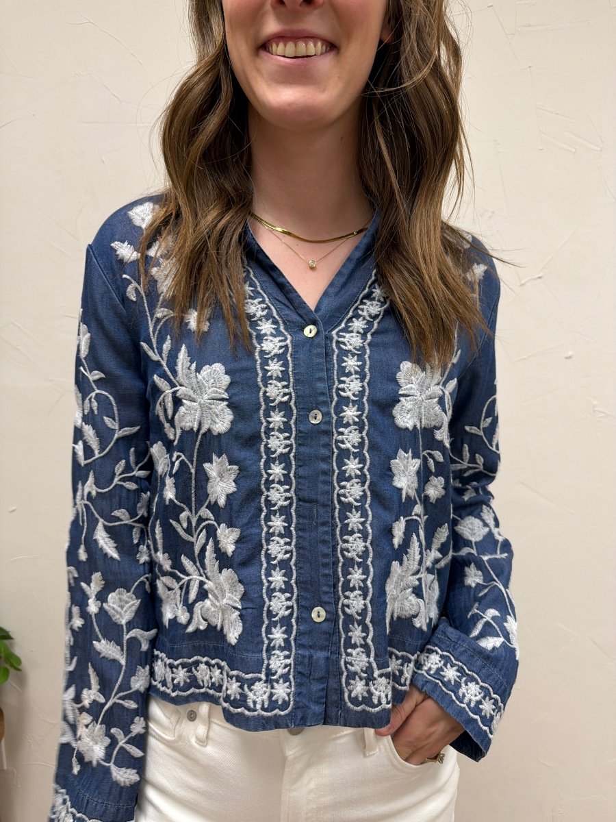 Long Sleeve Embroidered Denim Button Down Top - Three:Twelve Boutique - en Creme
