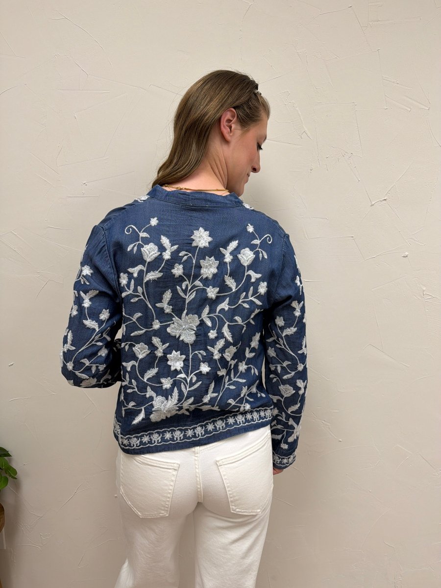 Long Sleeve Embroidered Denim Button Down Top - Three:Twelve Boutique - en Creme