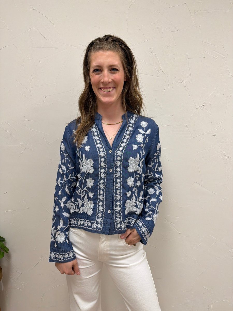 Long Sleeve Embroidered Denim Button Down Top - Three:Twelve Boutique - en Creme
