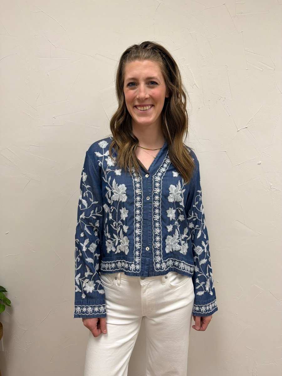 Long Sleeve Embroidered Denim Button Down Top - Three:Twelve Boutique - en Creme