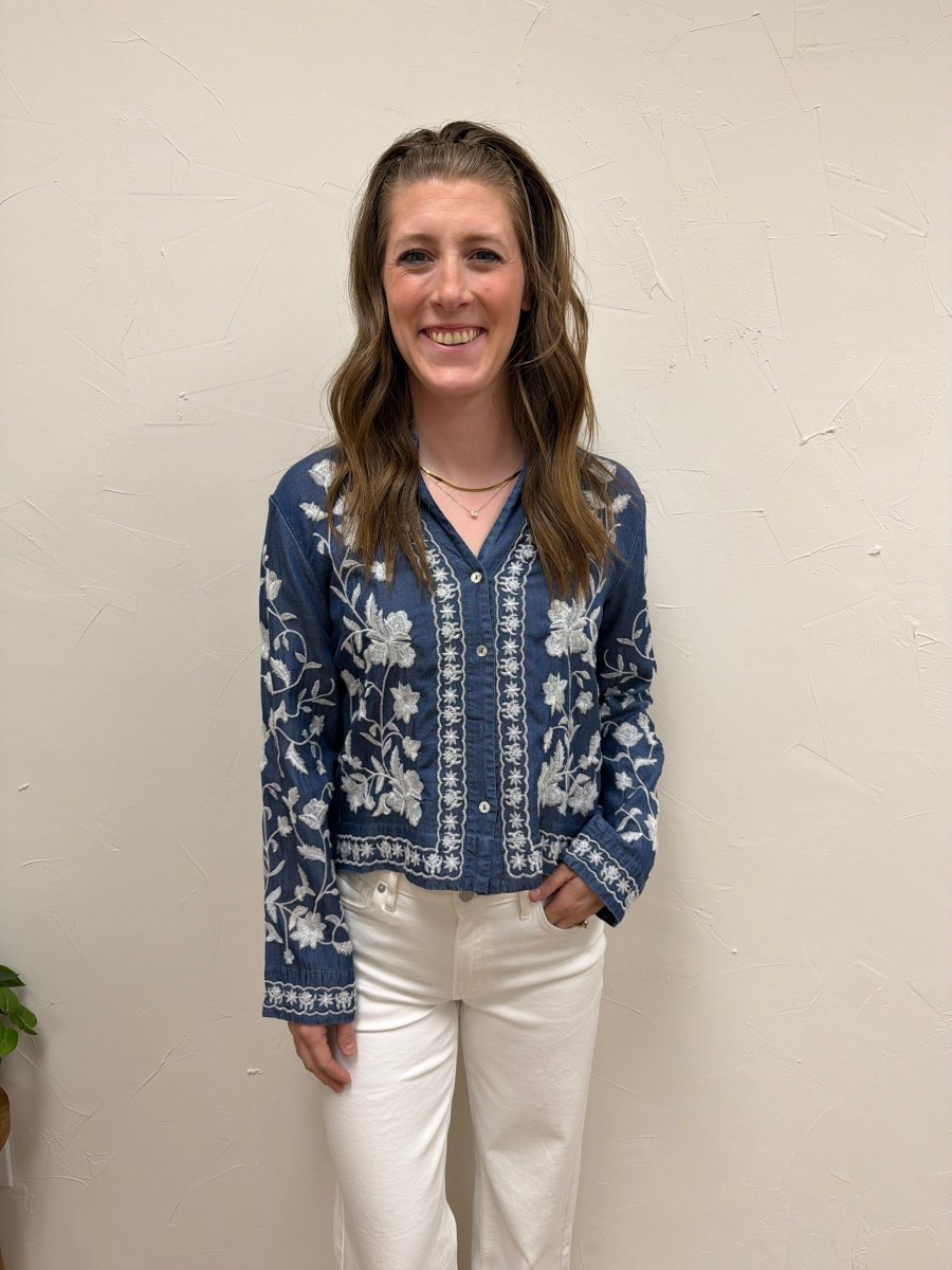 Long Sleeve Embroidered Denim Button Down Top - Three:Twelve Boutique - en Creme