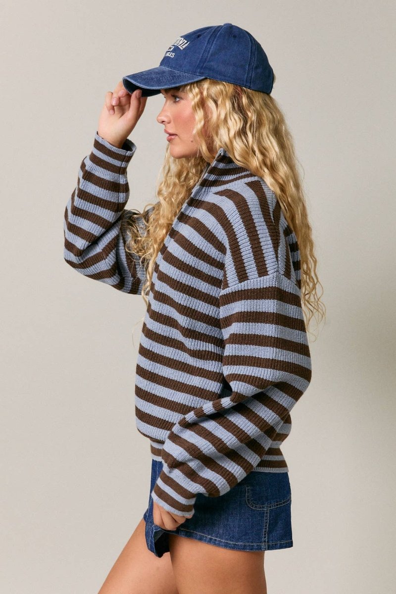 LONG SLEEVE HIGH NECK STRIPE SWEATER JACKET - Three:Twelve Boutique - LE LIS
