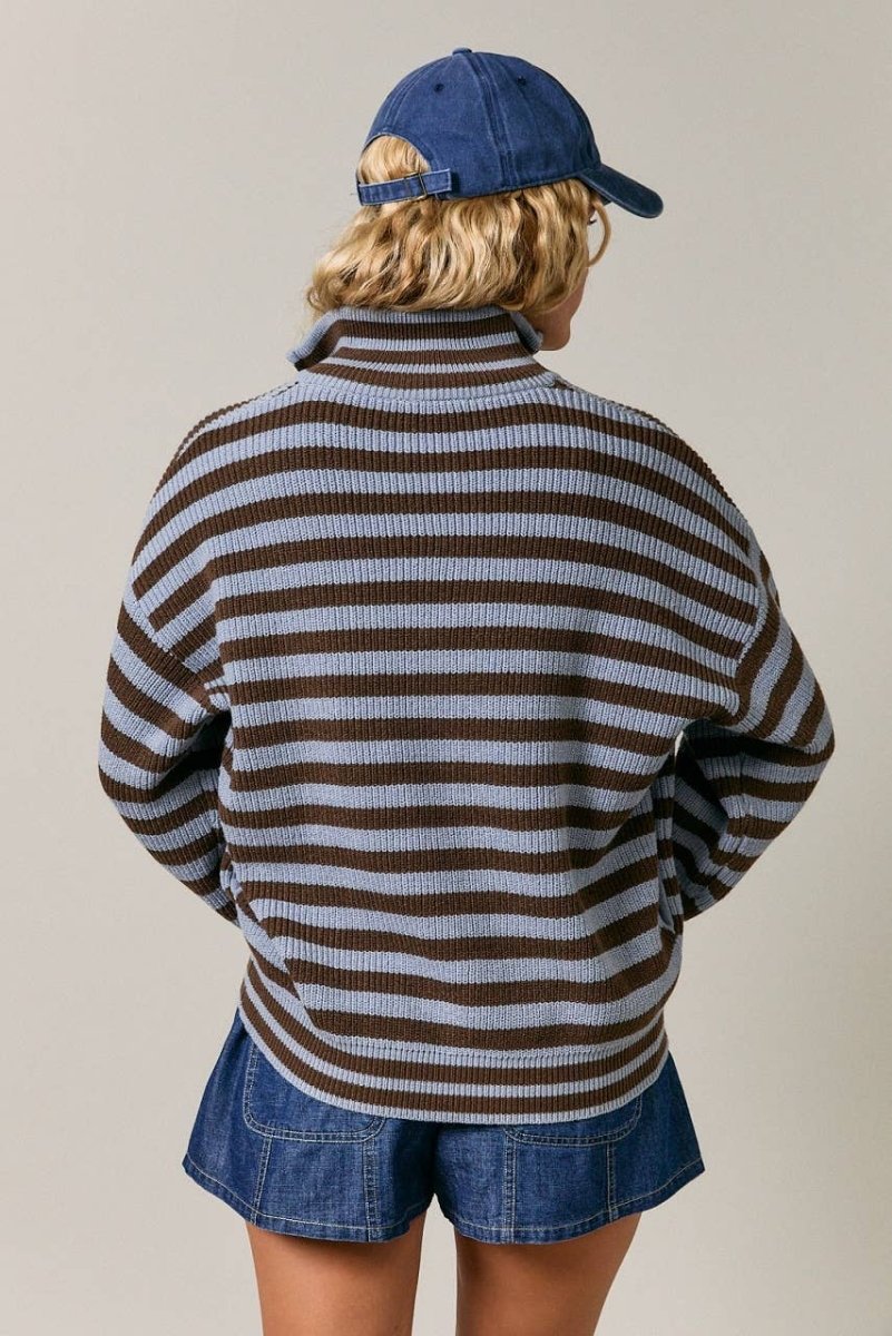LONG SLEEVE HIGH NECK STRIPE SWEATER JACKET - Three:Twelve Boutique - LE LIS