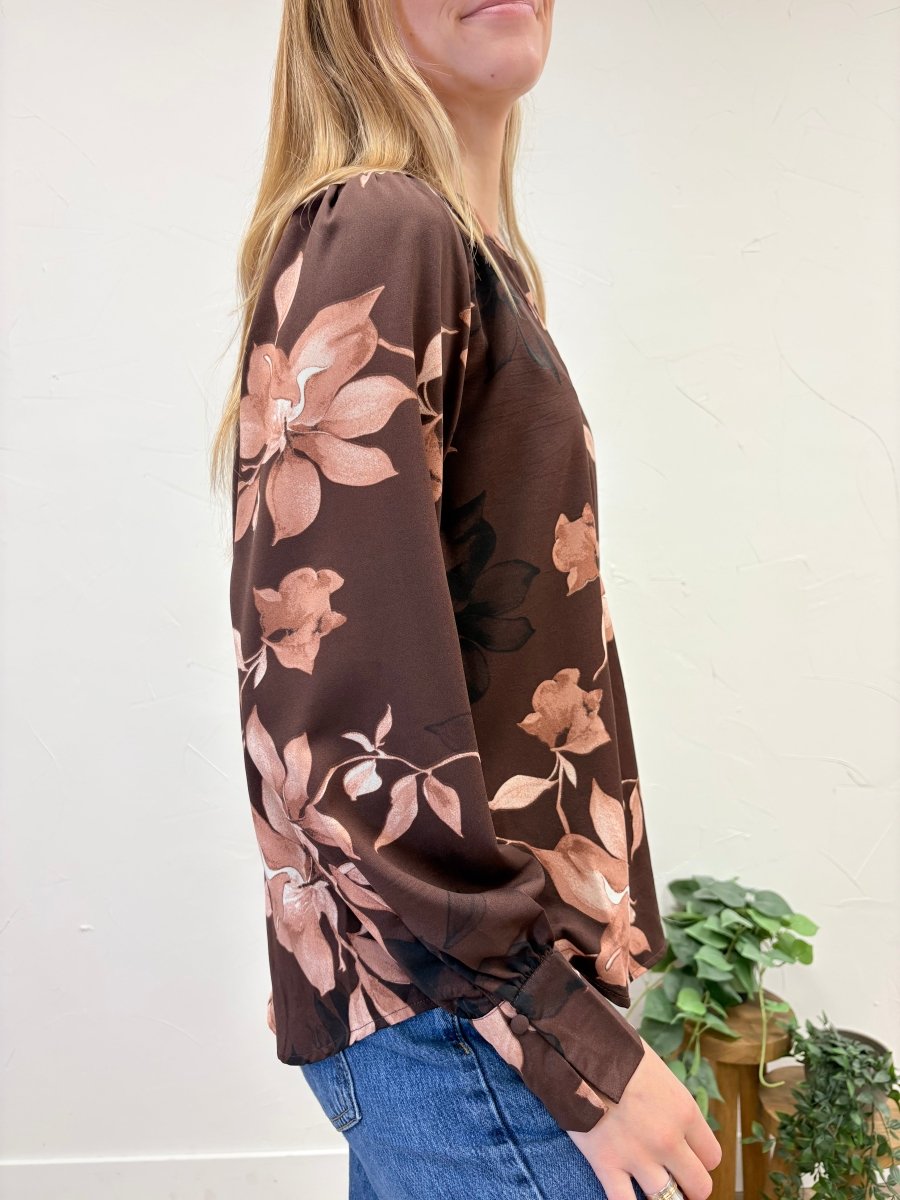 Long Sleeve Split-neck Floral Print Top - Three:Twelve Boutique - she+sky