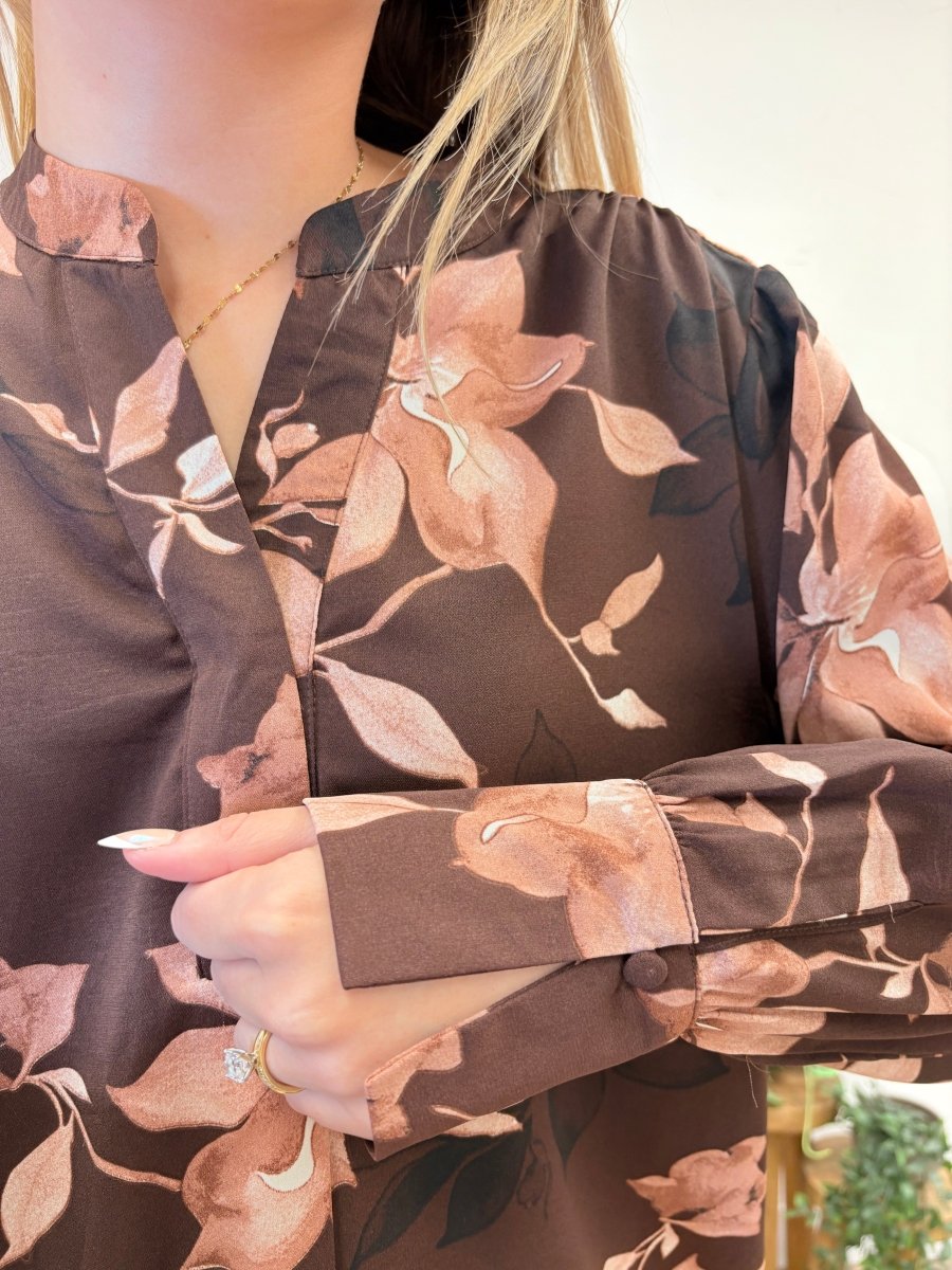 Long Sleeve Split-neck Floral Print Top - Three:Twelve Boutique - she+sky