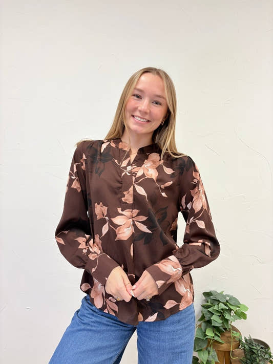 Long Sleeve Split-neck Floral Print Top - Three:Twelve Boutique - she+sky
