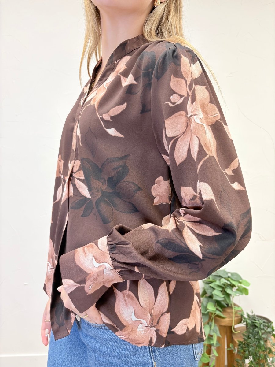 Long Sleeve Split-neck Floral Print Top - Three:Twelve Boutique - she+sky
