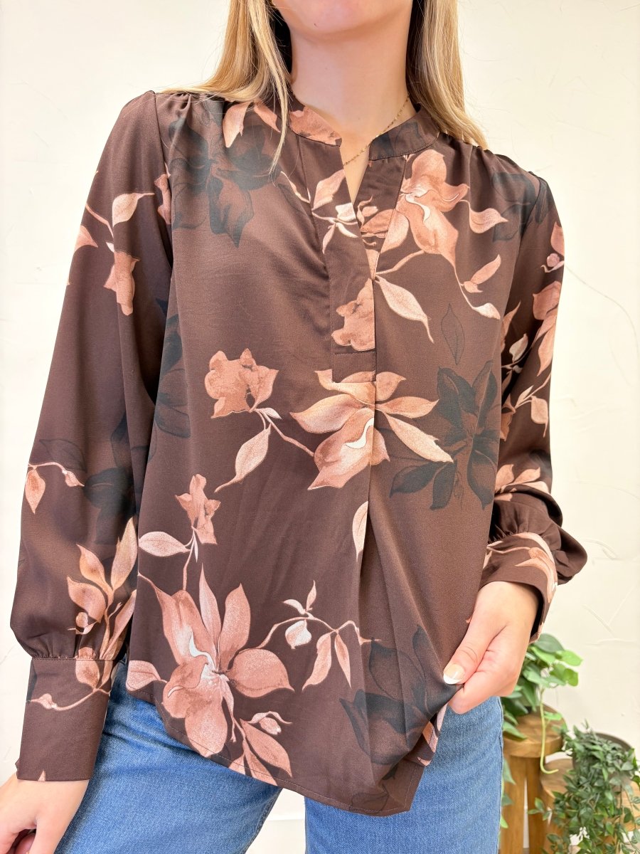 Long Sleeve Split-neck Floral Print Top - Three:Twelve Boutique - she+sky