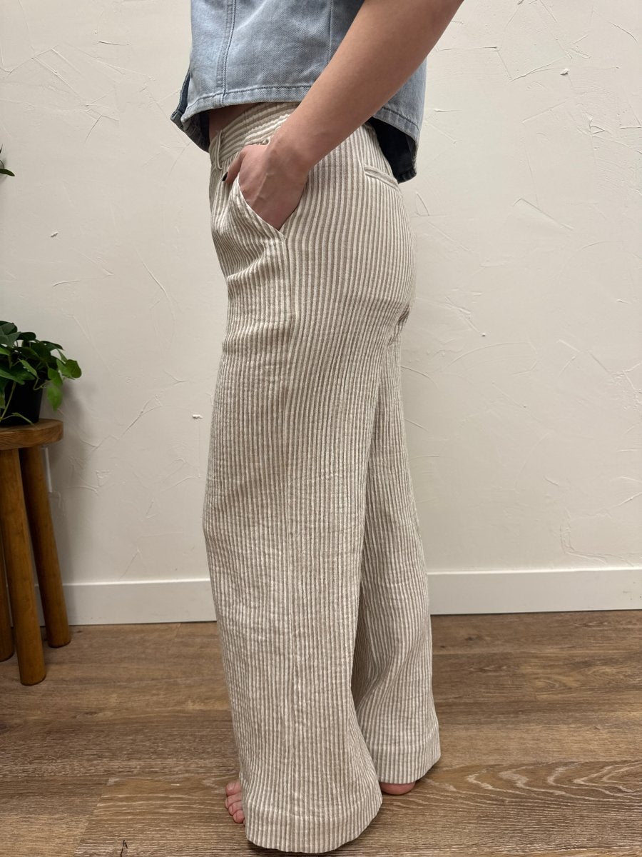 Side angle view of Maia pants showing high rise waist and relaxed straight leg — Three:Twelve Boutique