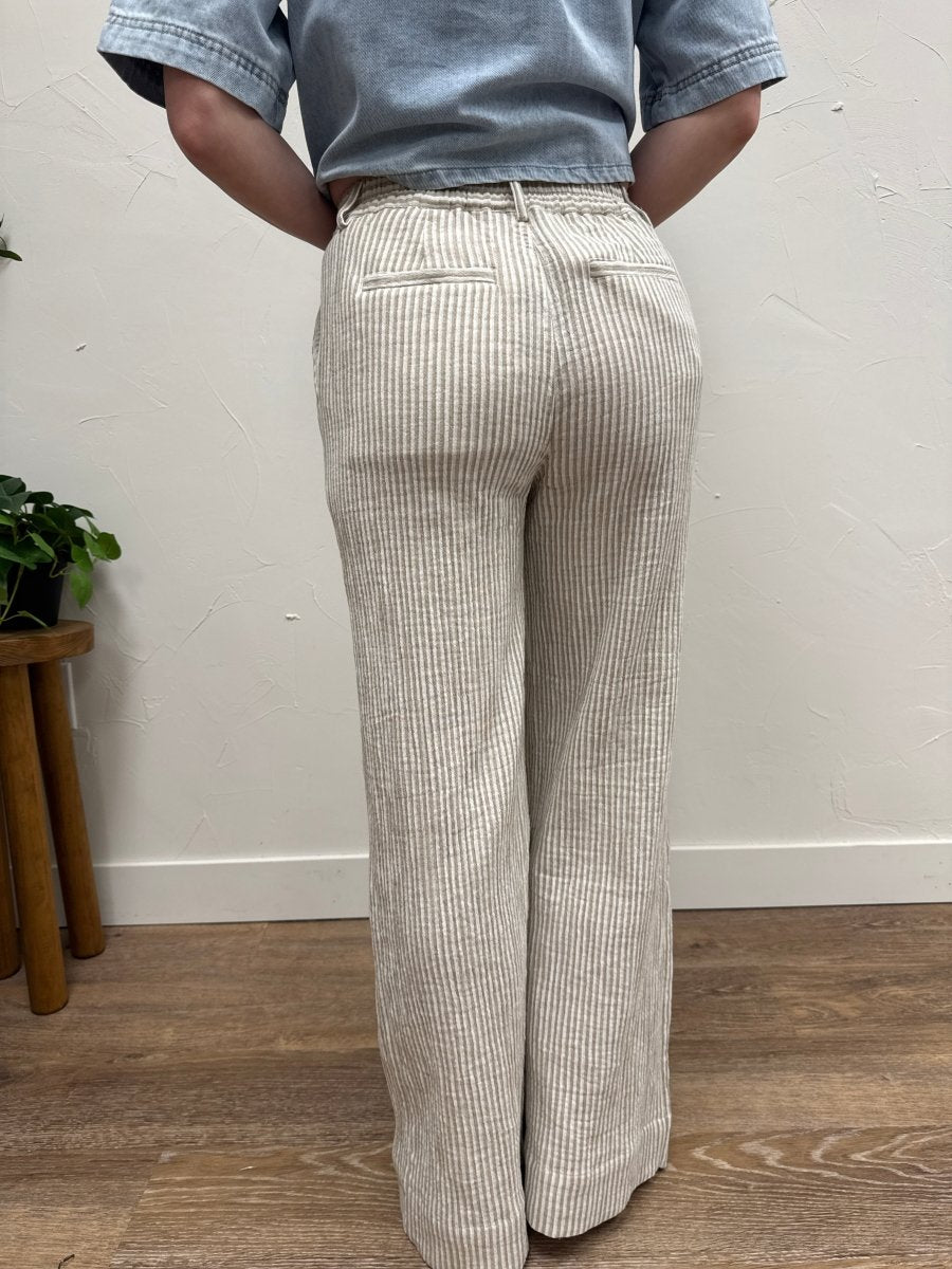 Back view of Maia pants on model highlighting waist and straight leg silhouette — Three:Twelve Boutique