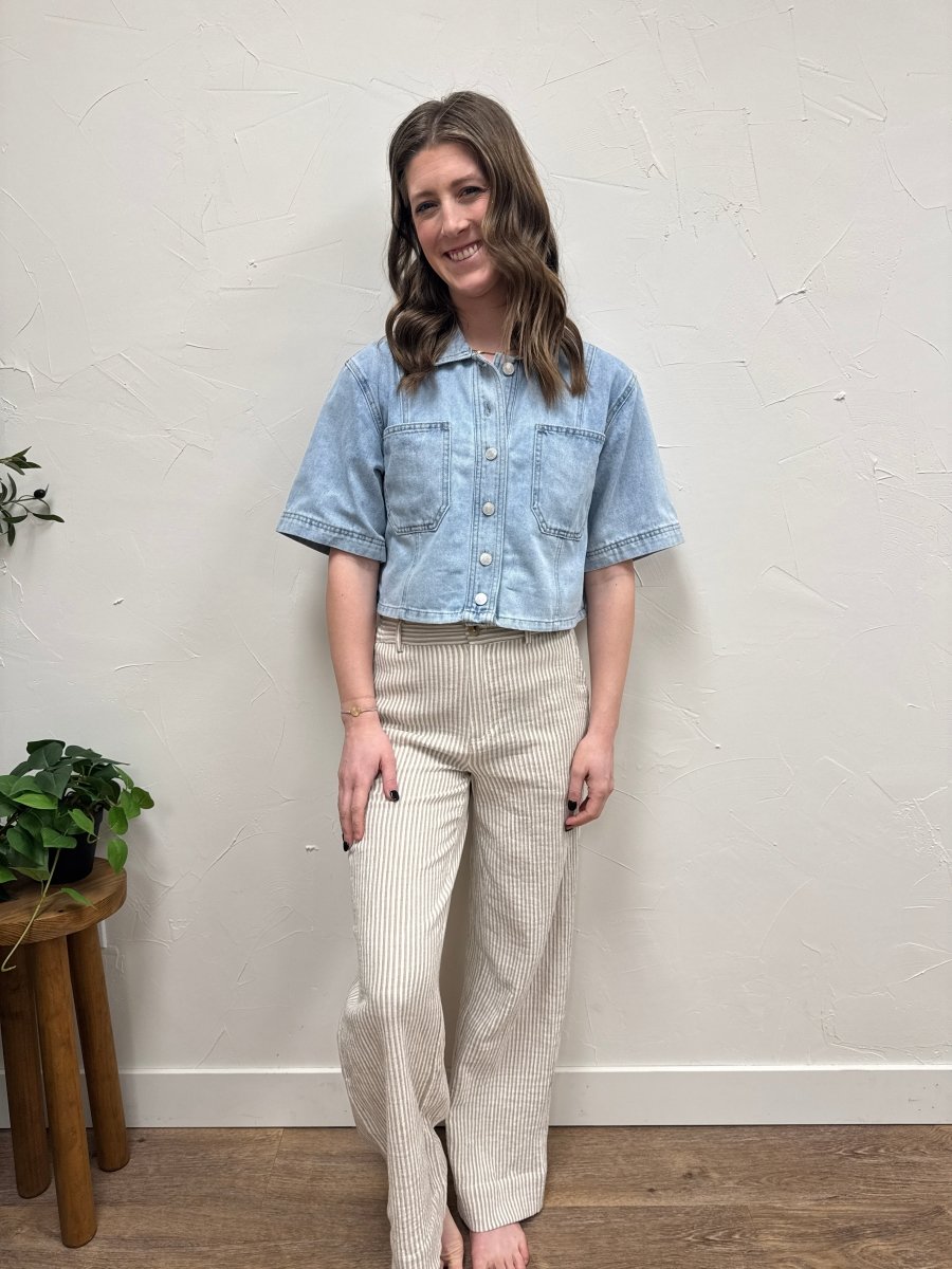 Lifestyle shot of model wearing Maia pants styled with casual top — Three:Twelve Boutique