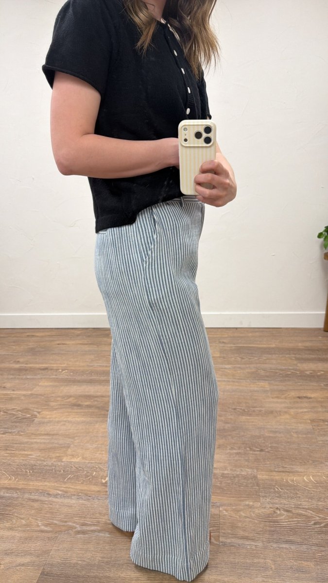 Side view of Maia pants on model showing drape and structure — Three:Twelve Boutique