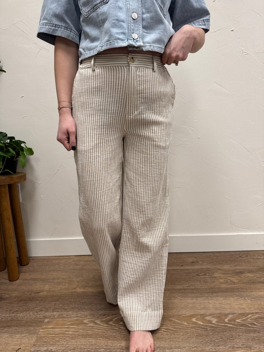 Close up of Maia pants denim texture and stitching detail — Three:Twelve Boutique