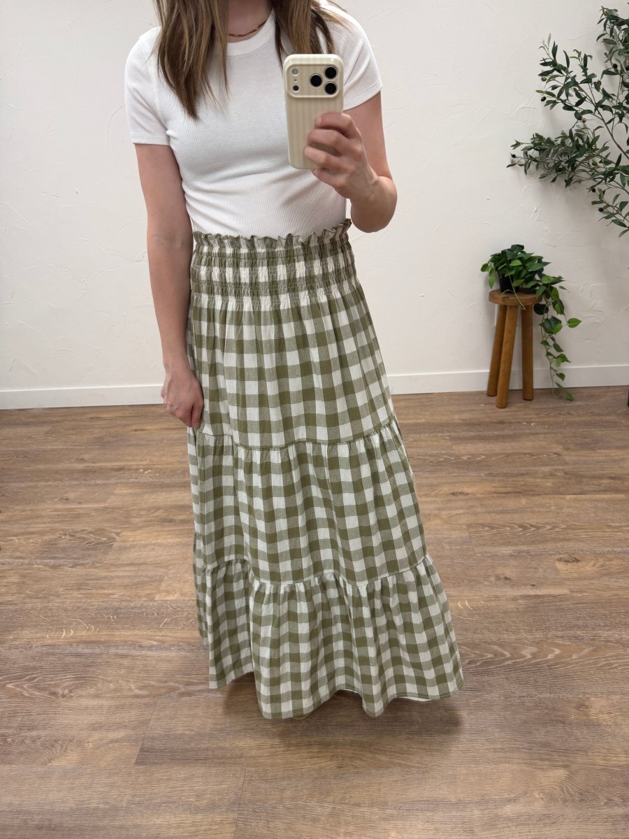 Close up of willow check pattern fabric and waistband detail — Three:Twelve Boutique