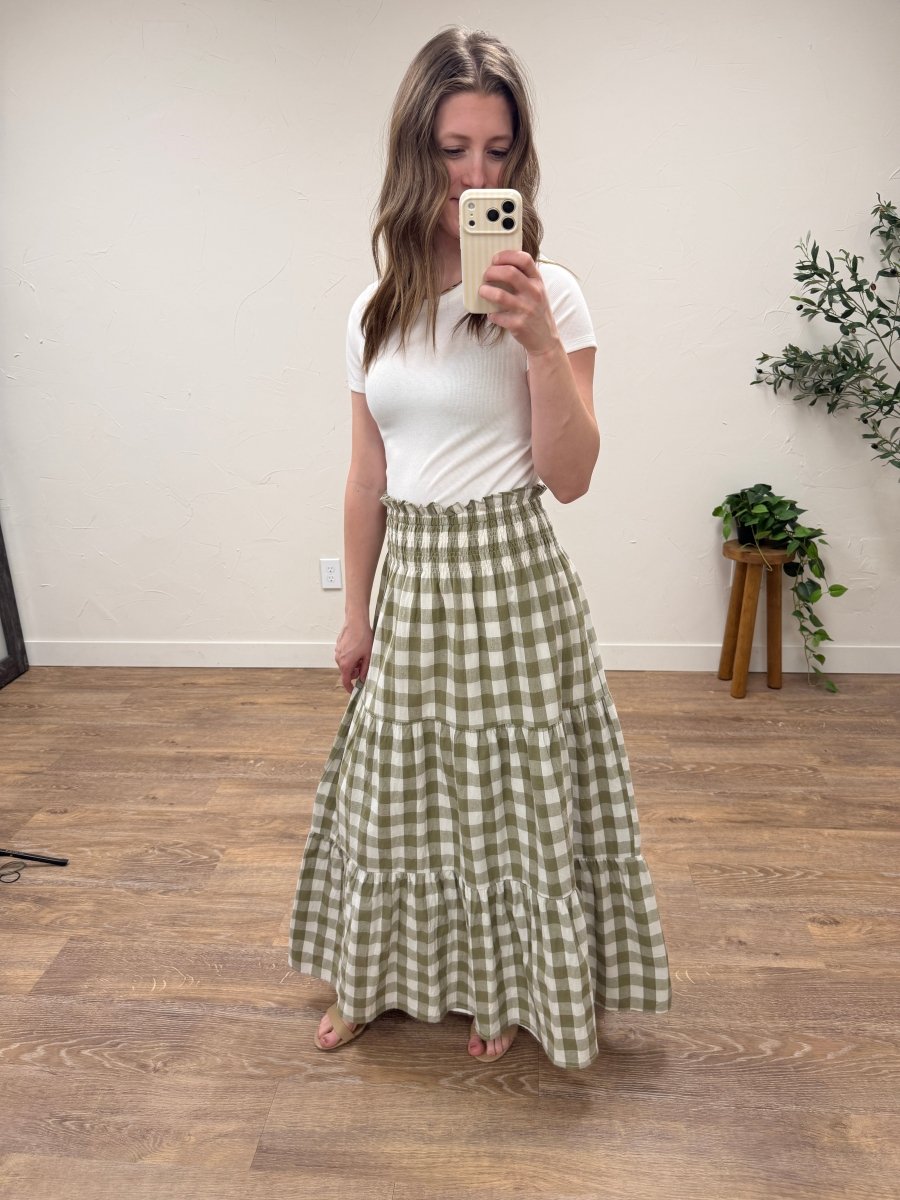 Front view of model wearing willow check maxi skirt with elastic waistband — Three:Twelve Boutique