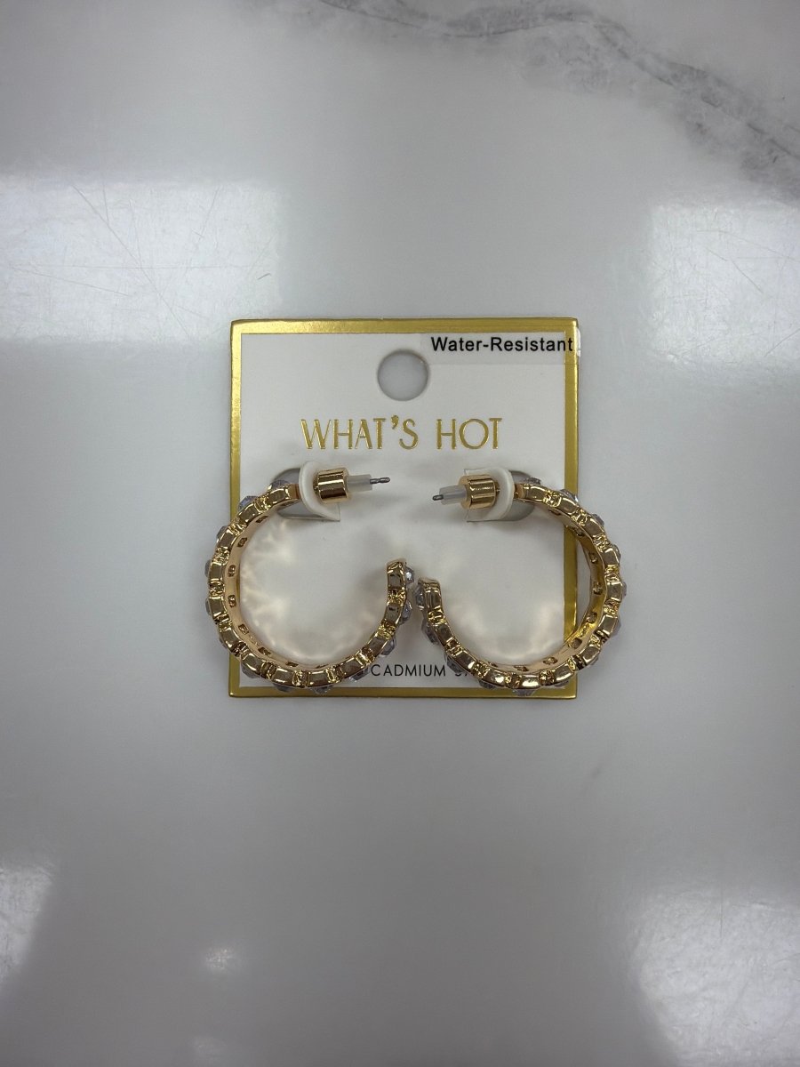 me4462 Clear and Gold Rectangle Stone 1.25" Hoop Earring - Three:Twelve Boutique - whatshot