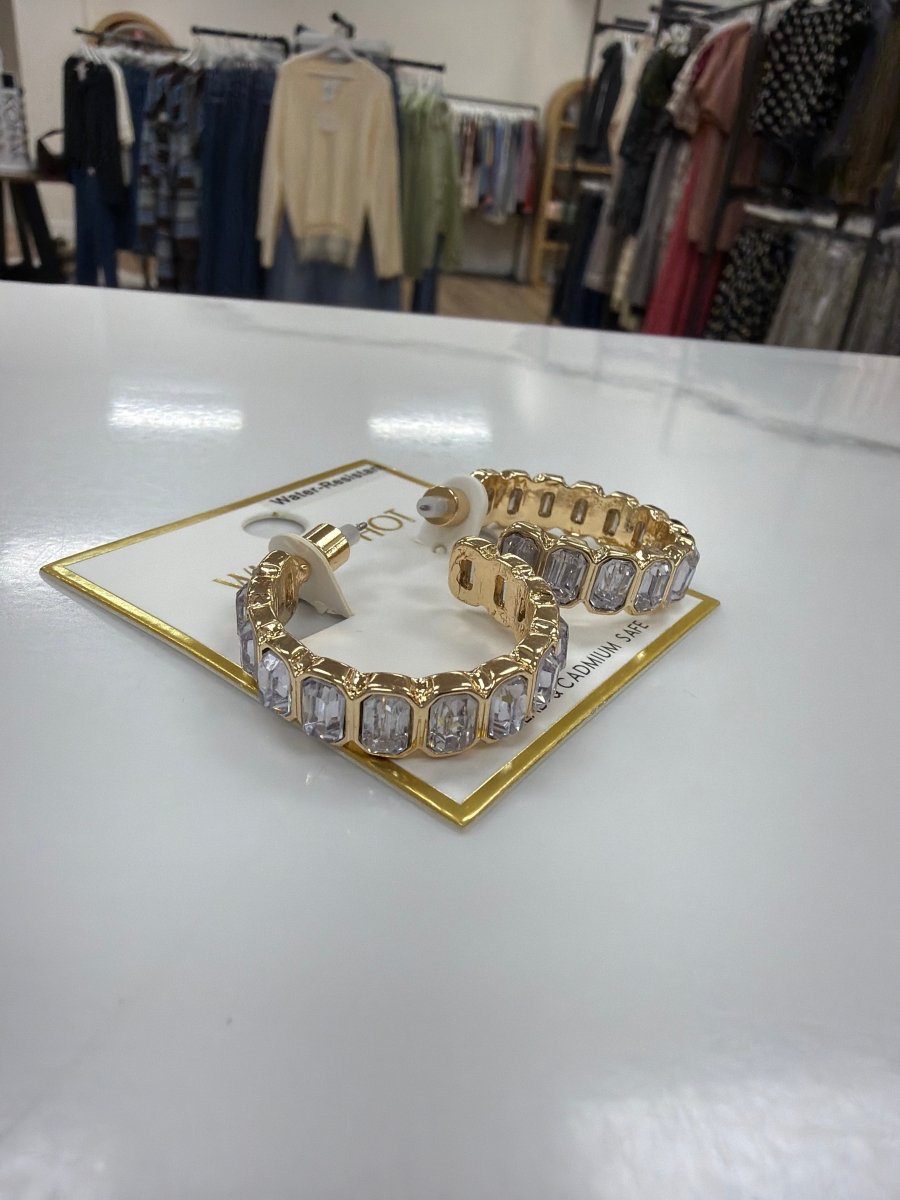 me4462 Clear and Gold Rectangle Stone 1.25" Hoop Earring - Three:Twelve Boutique - whatshot