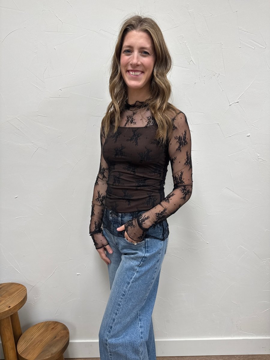 Mesh Lace High Neck Fitted Top - Three:Twelve Boutique - Three:Twelve