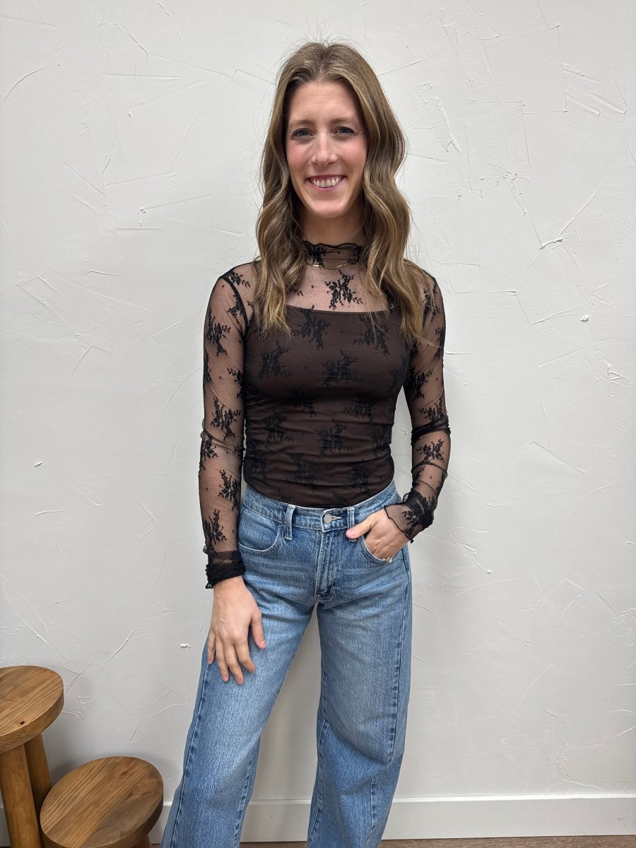 Mesh Lace High Neck Fitted Top - Three:Twelve Boutique - Three:Twelve