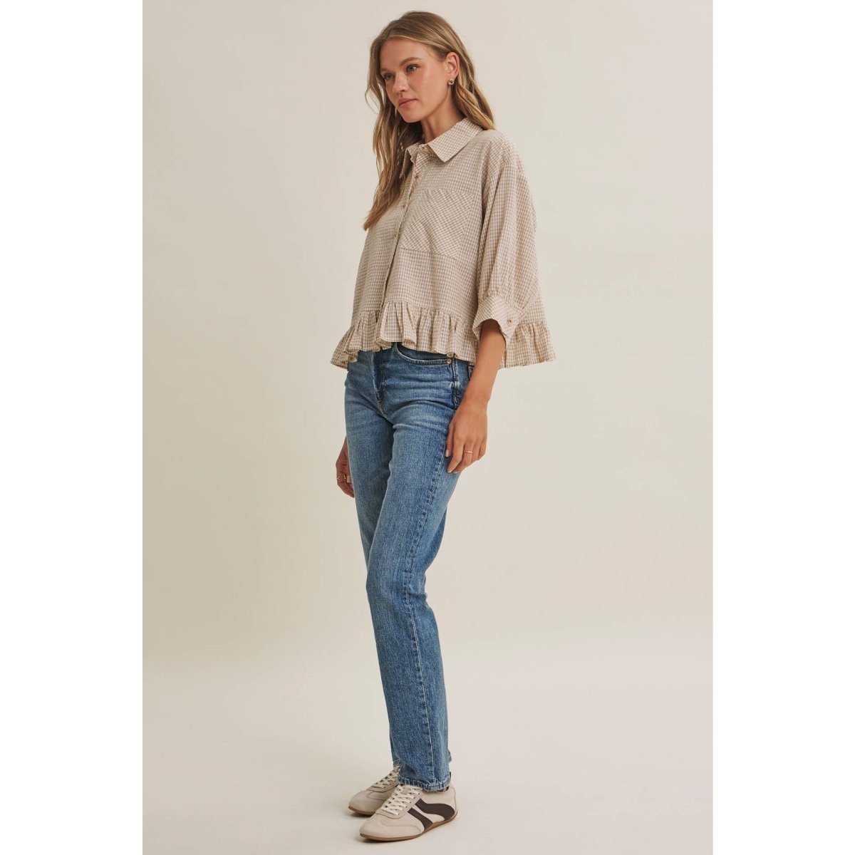 MICRO CHECK RUFFLE HEM BUTTON-DOWN SHIRT - Three:Twelve Boutique - in february