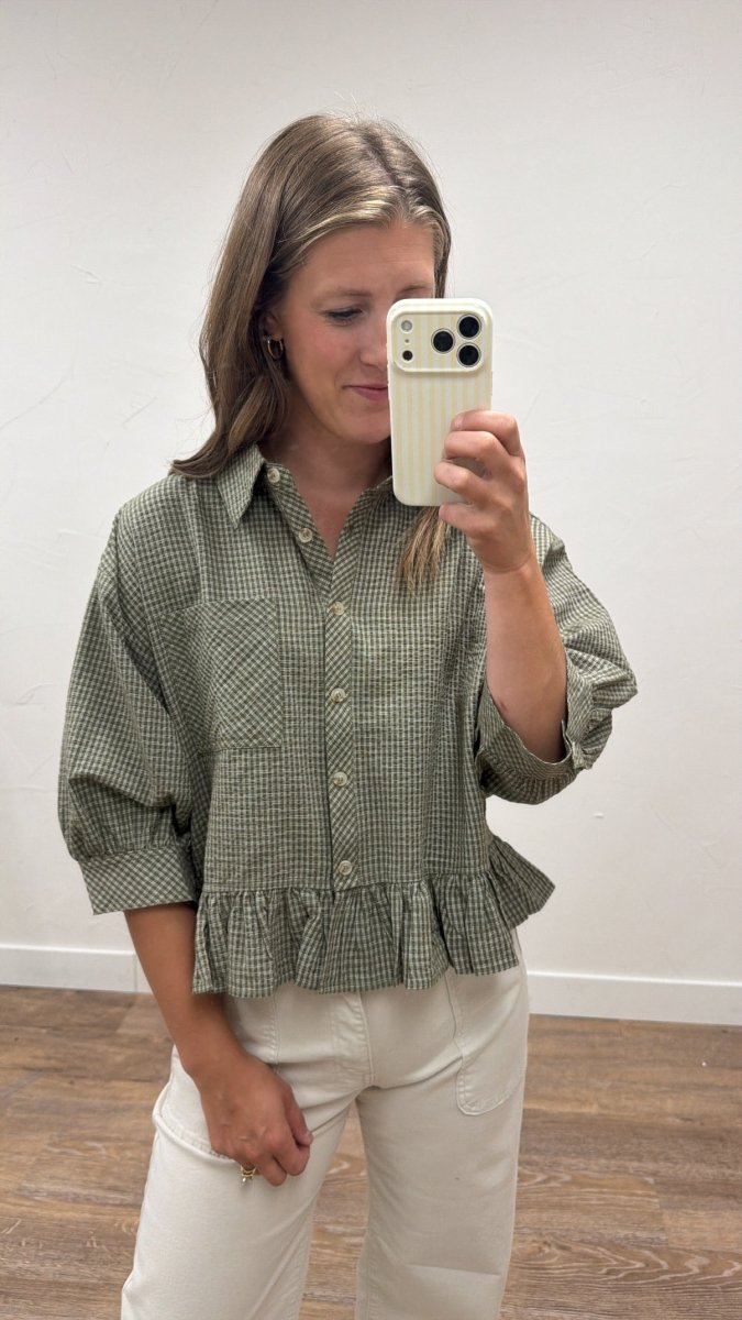 Micro Check Ruffle Hem Button Down Shirt - Three:Twelve Boutique - In February