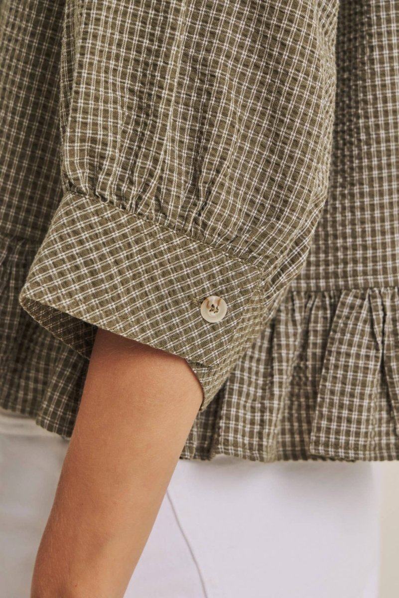 MICRO CHECK RUFFLE HEM BUTTON-DOWN SHIRT - Three:Twelve Boutique - in february