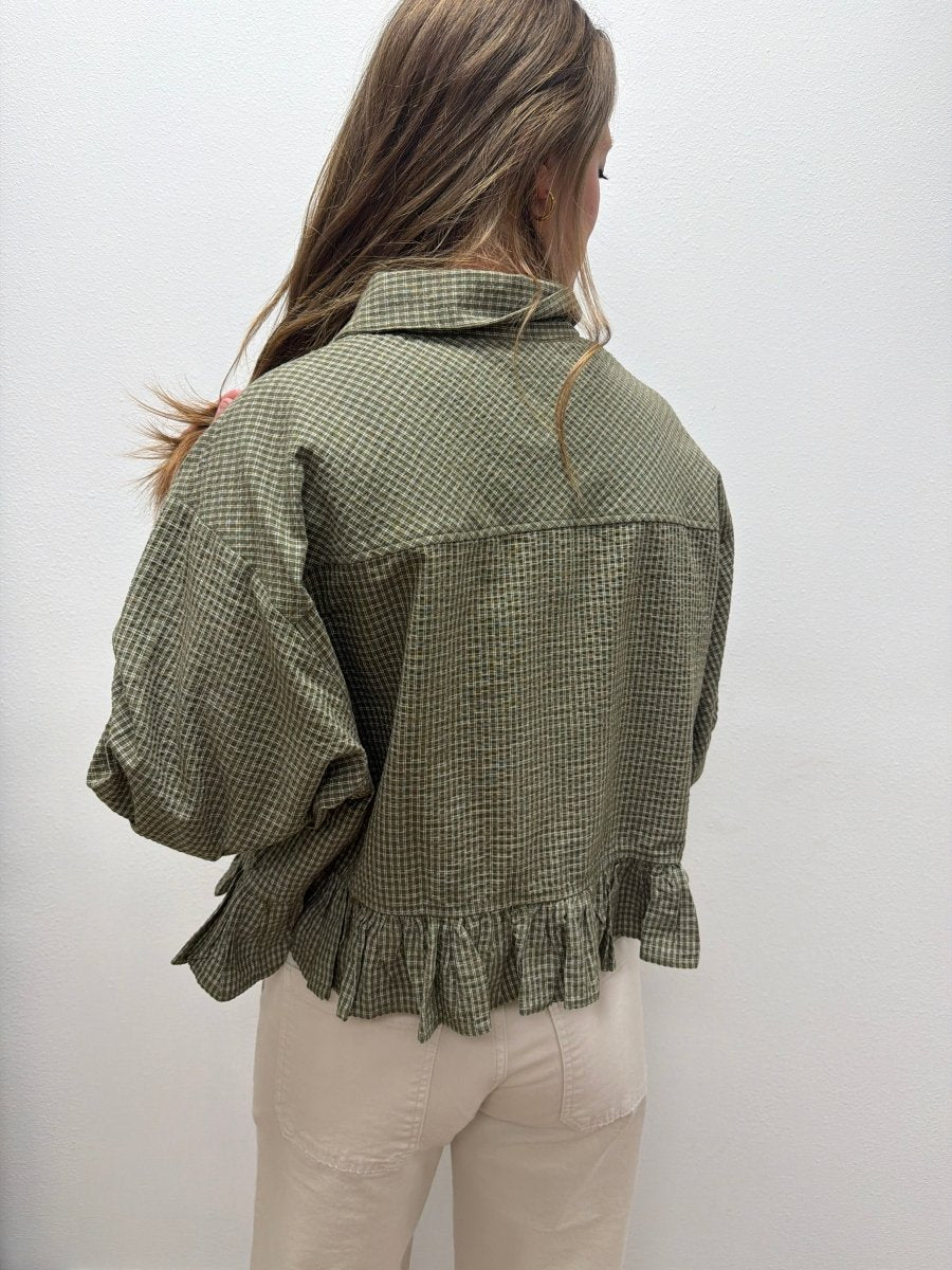 Micro Check Ruffle Hem Button Down Shirt - Three:Twelve Boutique - In February