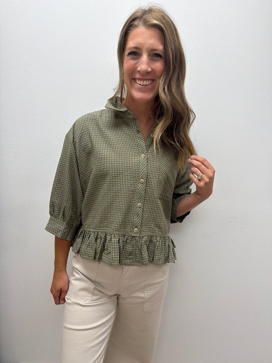 Micro Check Ruffle Hem Button Down Shirt - Three:Twelve Boutique - In February