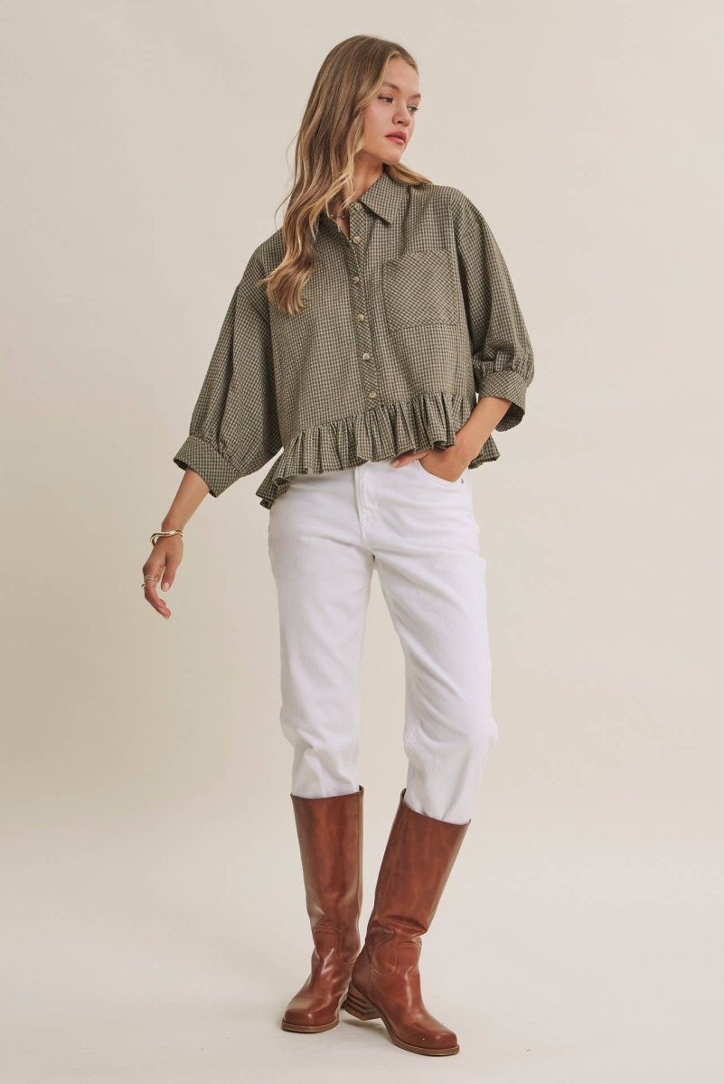 MICRO CHECK RUFFLE HEM BUTTON-DOWN SHIRT - Three:Twelve Boutique - in february