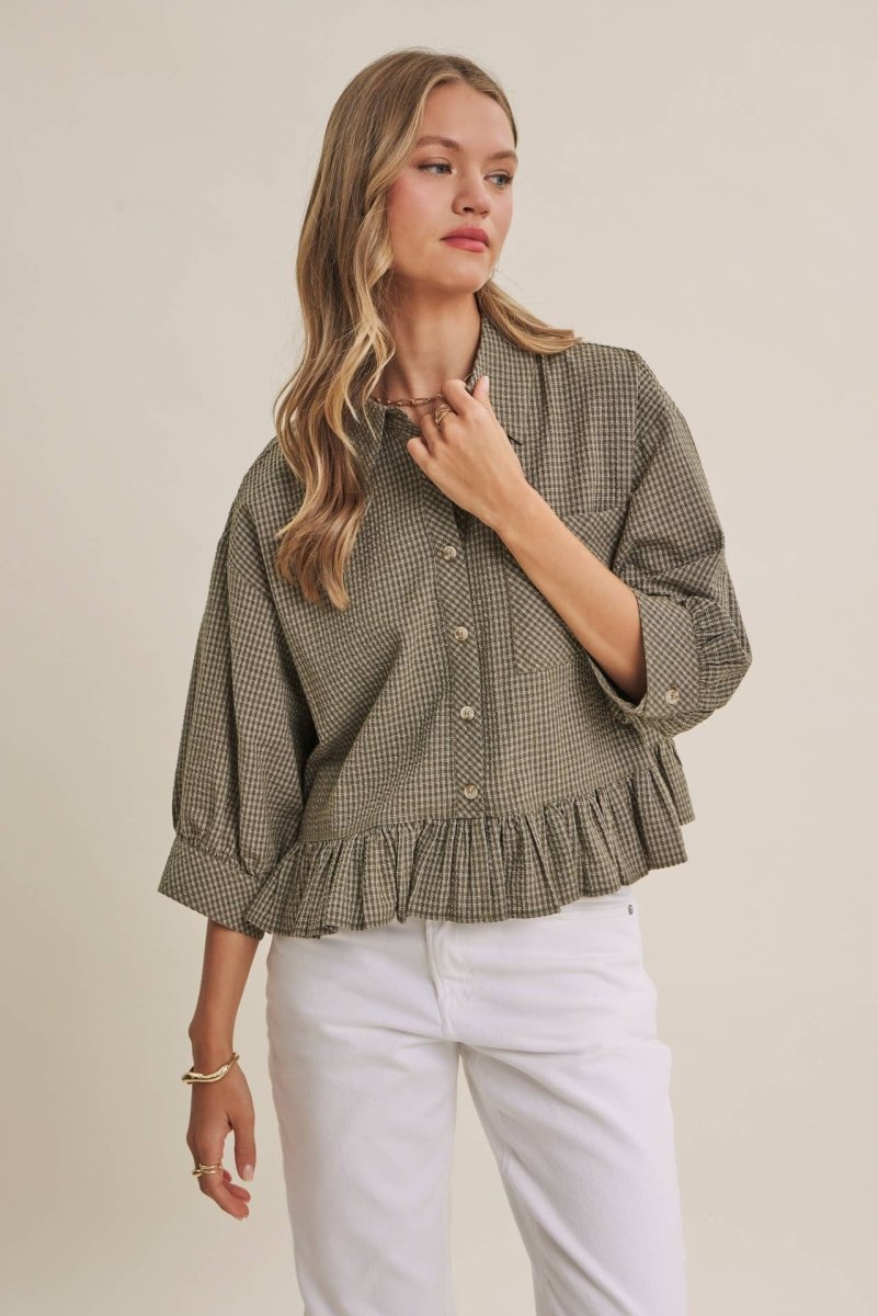 MICRO CHECK RUFFLE HEM BUTTON-DOWN SHIRT - Three:Twelve Boutique - in february