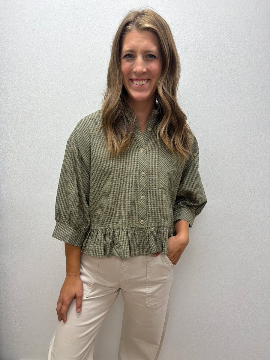 Micro Check Ruffle Hem Button Down Shirt - Three:Twelve Boutique - In February