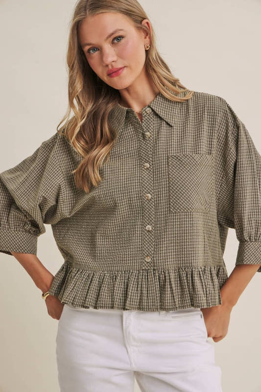 MICRO CHECK RUFFLE HEM BUTTON-DOWN SHIRT - Three:Twelve Boutique - in february