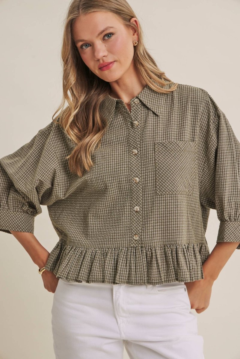 MICRO CHECK RUFFLE HEM BUTTON-DOWN SHIRT - Three:Twelve Boutique - in february
