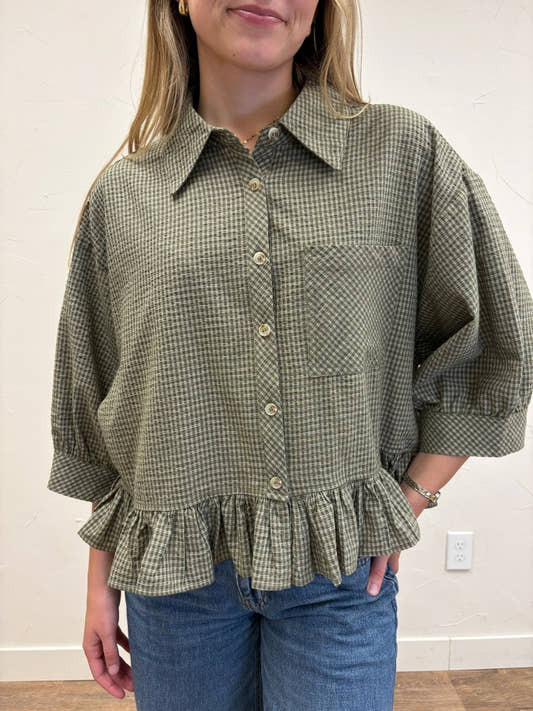 MICRO CHECK RUFFLE HEM BUTTON-DOWN SHIRT - Three:Twelve Boutique - in february