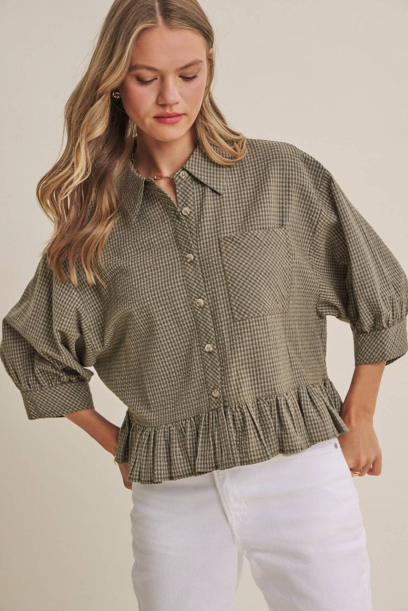 MICRO CHECK RUFFLE HEM BUTTON-DOWN SHIRT - Three:Twelve Boutique - in february