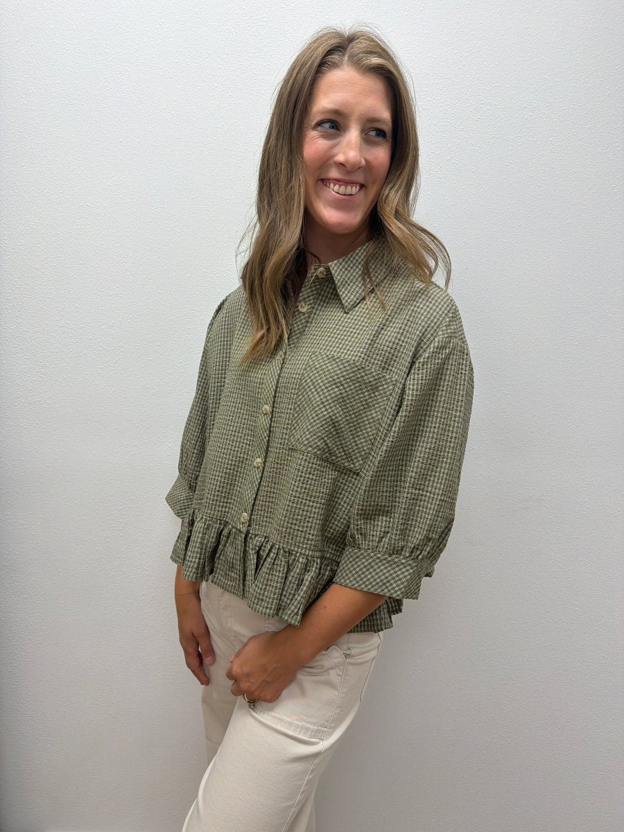 Micro Check Ruffle Hem Button Down Shirt - Three:Twelve Boutique - In February