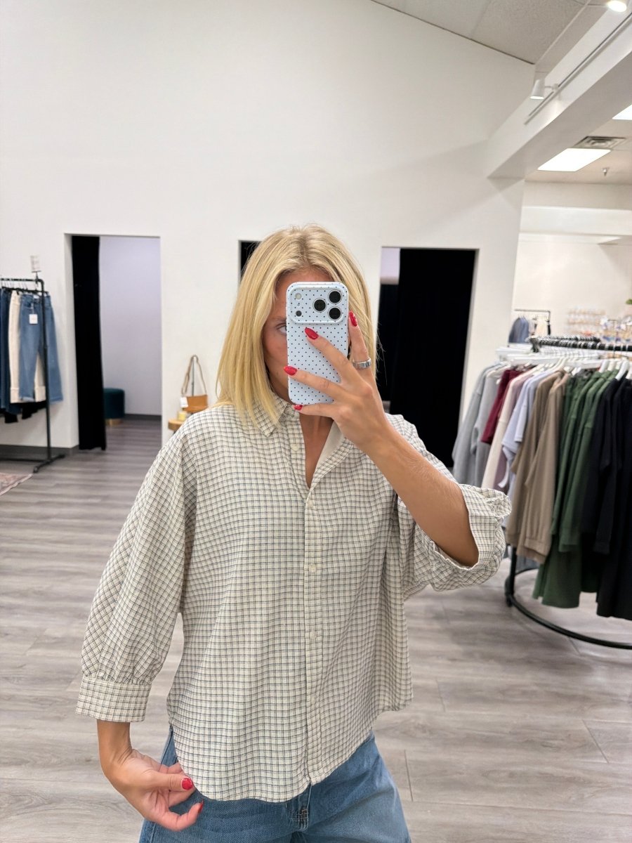 Micro Grid Plaid Dolman Button Down Shirt - Three:Twelve Boutique - In February