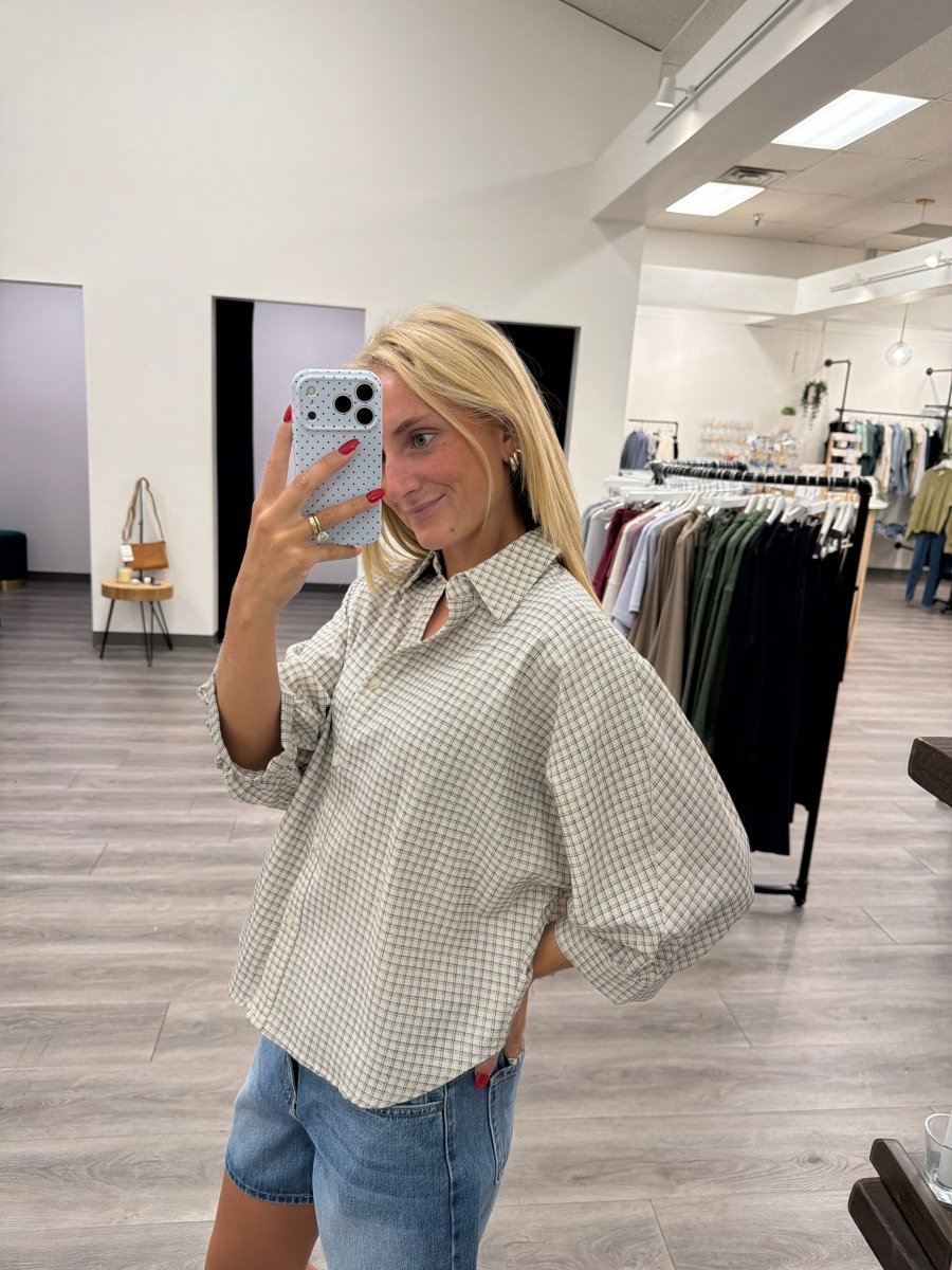 Micro Grid Plaid Dolman Button Down Shirt - Three:Twelve Boutique - In February