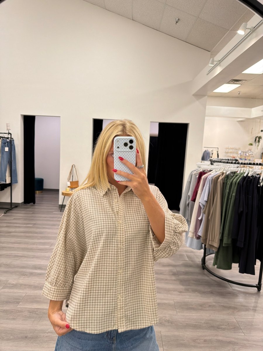 Micro Grid Plaid Dolman Button Down Shirt - Three:Twelve Boutique - In February