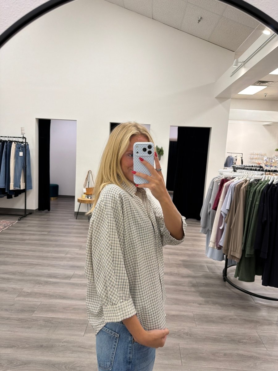 Micro Grid Plaid Dolman Button Down Shirt - Three:Twelve Boutique - In February