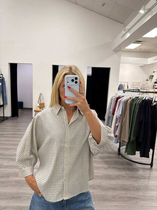 Micro Grid Plaid Dolman Button Down Shirt - Three:Twelve Boutique - In February