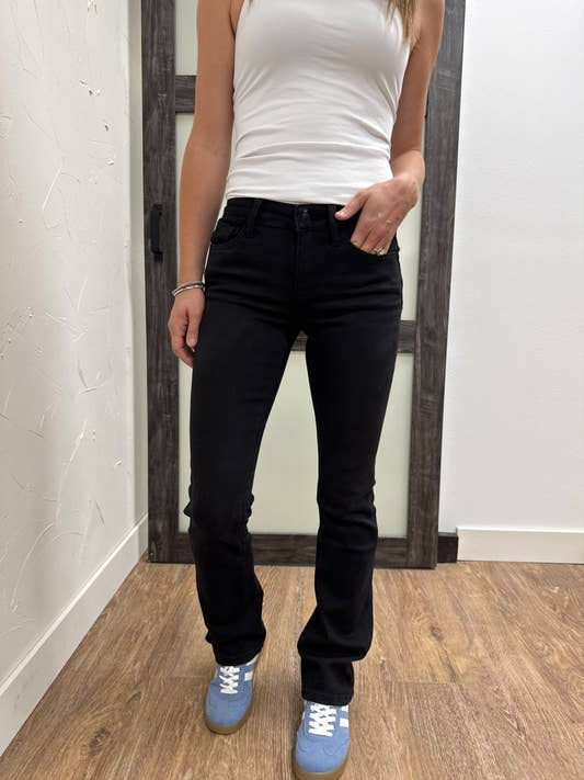 Front view of model wearing mid rise bootcut Vervet denim jeans — Three:Twelve Boutique