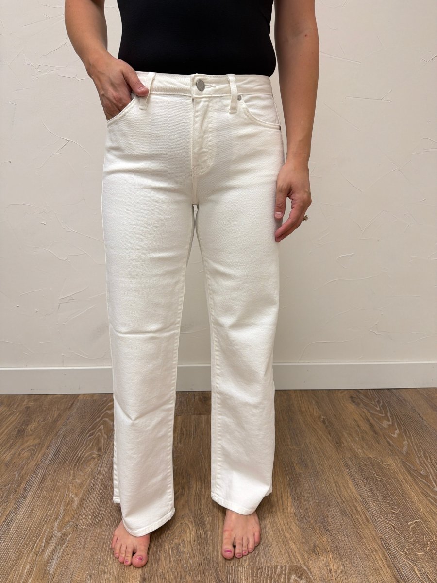 Front view of model wearing Just Black Denim mid rise slim wide leg jeans — Three:Twelve Boutique