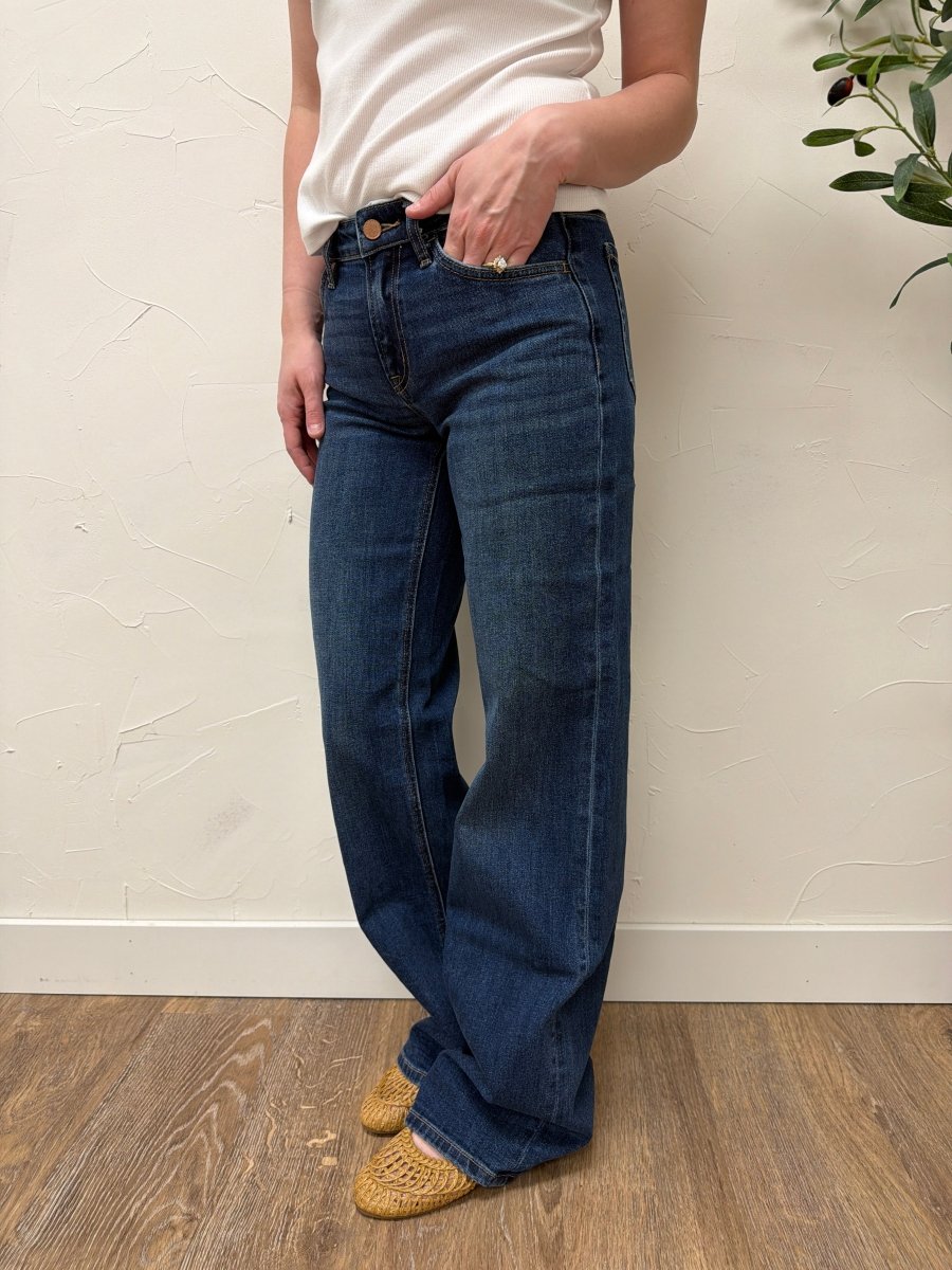 Side view of wide leg jeans showing full length and relaxed silhouette — Three:Twelve Boutique