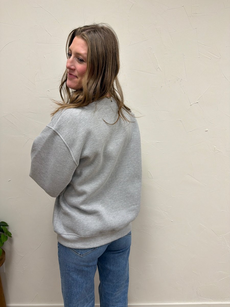 Back view of gray Midwest Sweatshirt on model showing drop shoulder seam — Three:Twelve Boutique